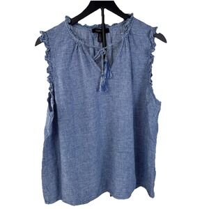 Ellen Tracy Blouse Women's XL Blue & White Gingham Top Linen Blend Sleeveless